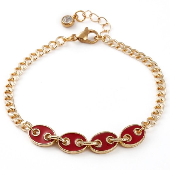 2/$20 NWOT Red Enamel Coffee bean Link Bracelet with Gold extender chain - Picture 2 of 5